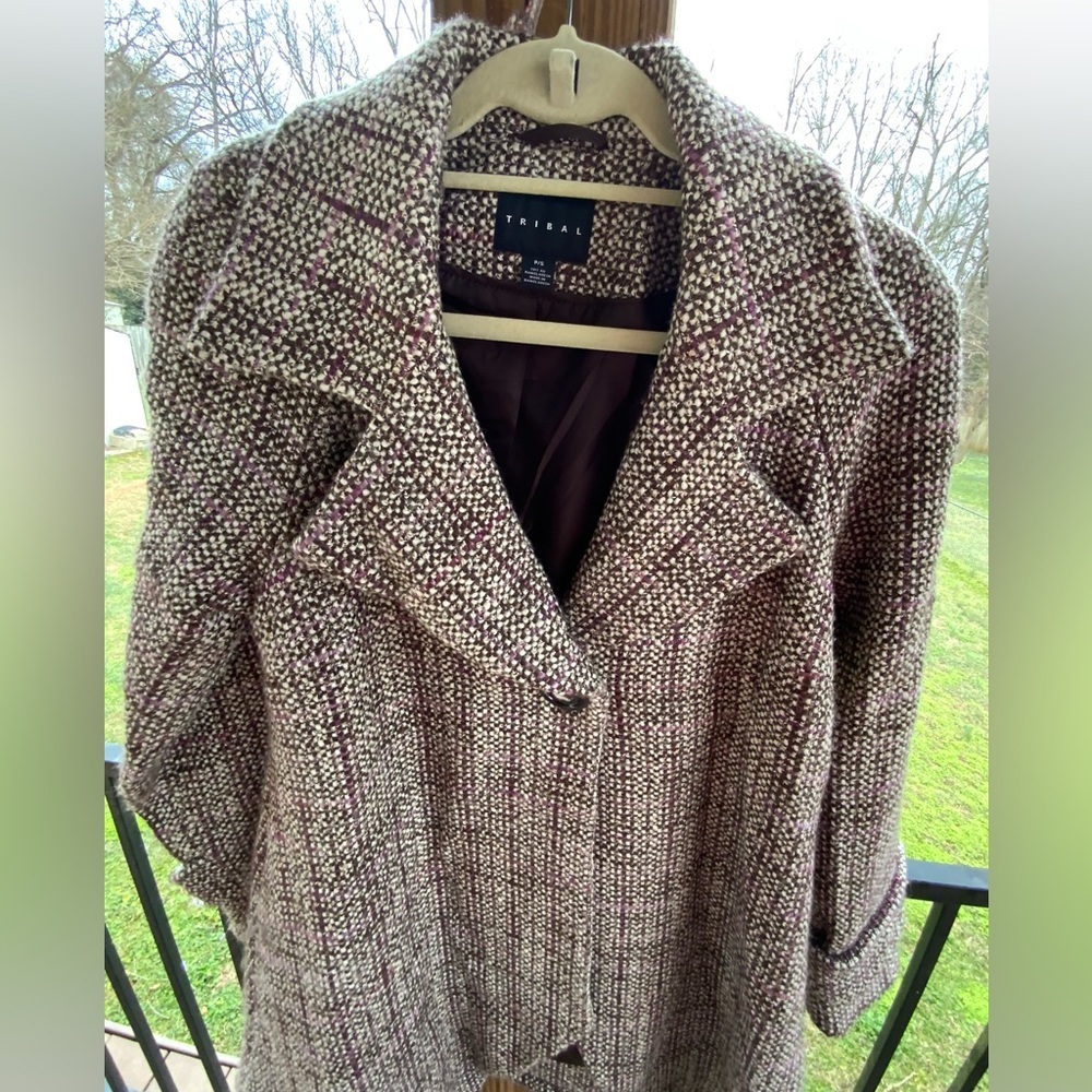 Tribal Women's Tweed Pea Coat - Black, White, and Purple petite small